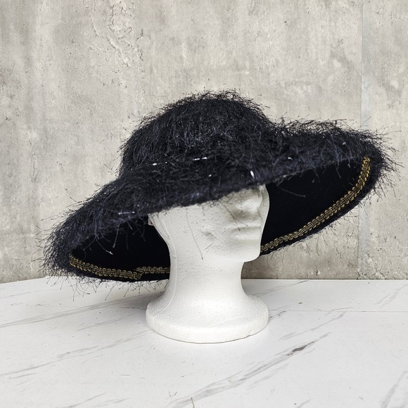 Vintage Femme Noir Statement Wool Floppy‎ Hat Wide Brim Elegant Made in USA Goth - Picture 1 of 10